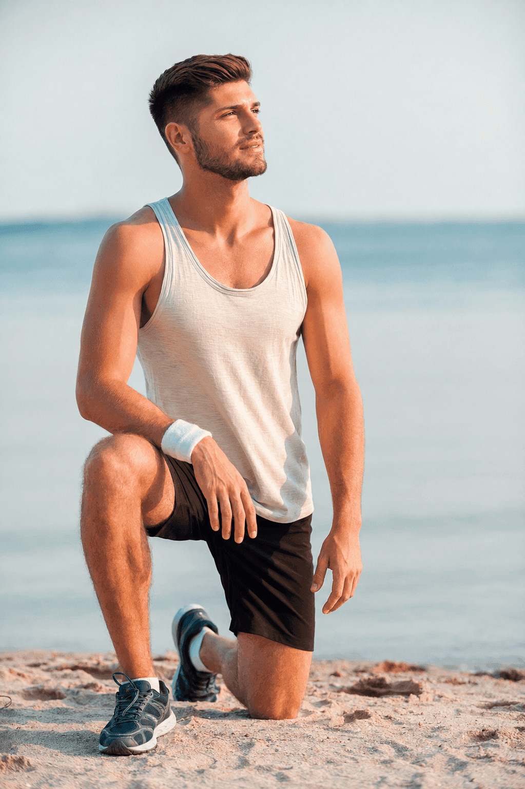 Man kneeling on a beach after a workout